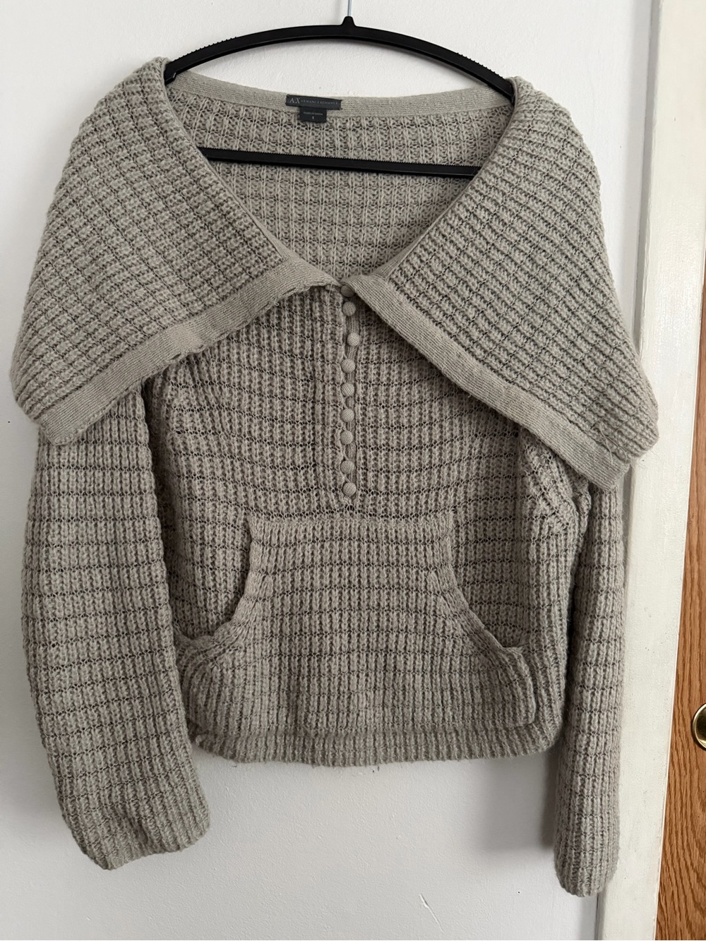 A/X Armani Exchange Off-the-Shoulder Waffle-Knit Sweater in Light Gray